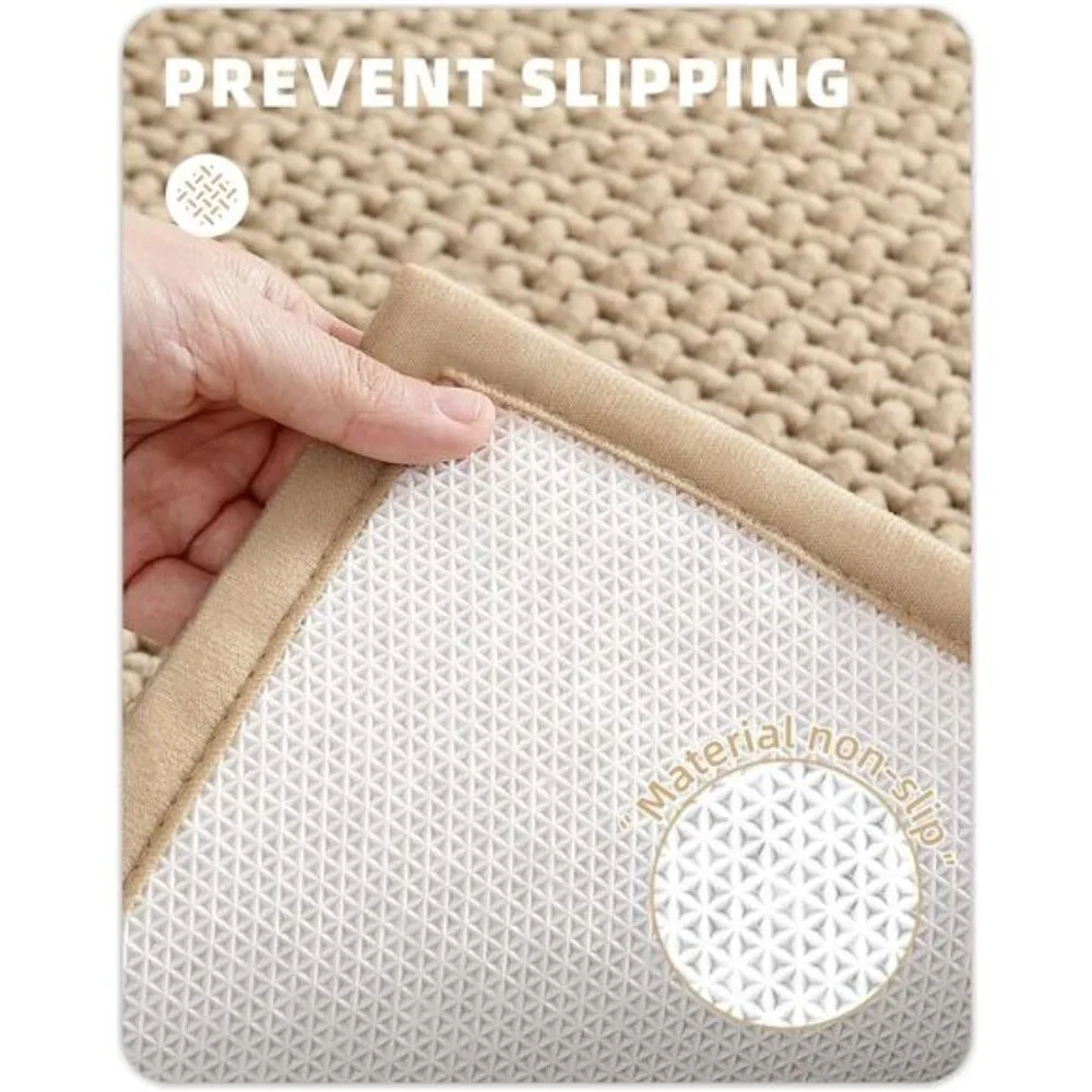 Beige Chenille Bathroom Rugs- Non Slip, Absorbent, Quick Dry, Thin, Washable
